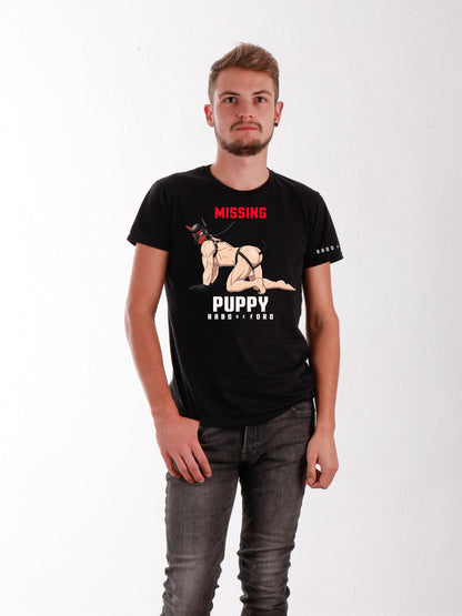 Missing PUPPY Schwarzes T-Shirt mit Welpen-Cartoon-Detail