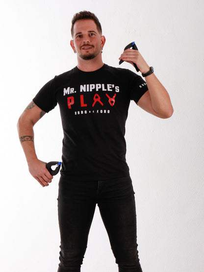 Mr. Nipple’s Play Black T-Shirt with Nipple Clamps detail