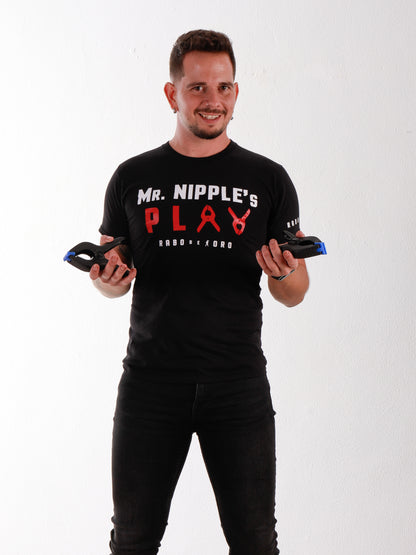 Mr. Nipple’s Play Black T-Shirt with Nipple Clamps detail