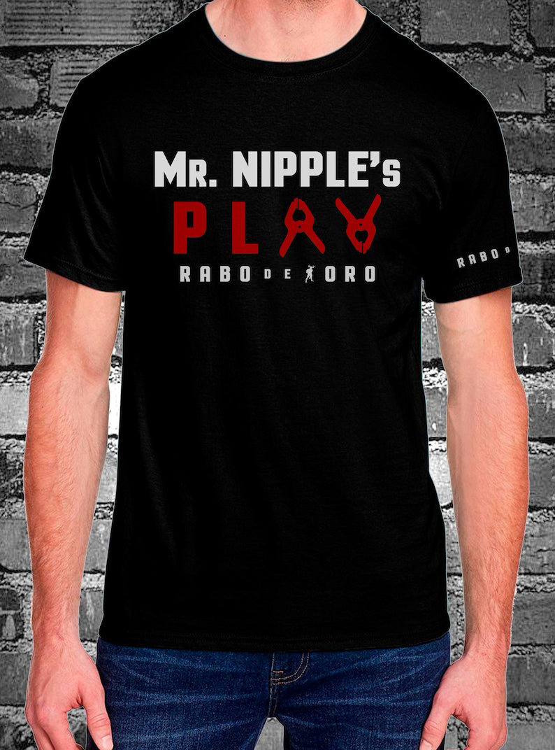 Mr. Nipple’s Play Black T-Shirt with Nipple Clamps detail
