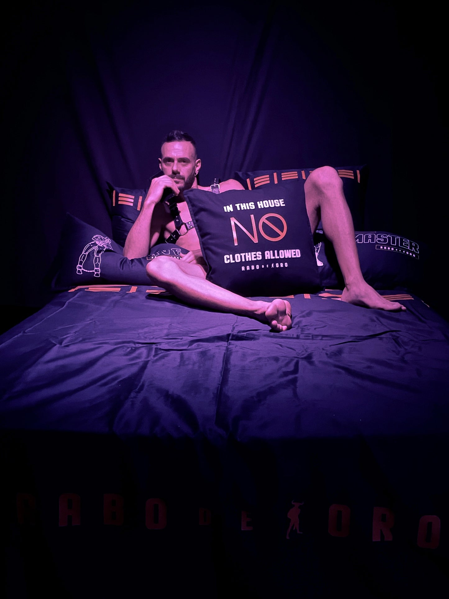 In this House NO CLOTHES Allowed / Gay Men's BDSM Fetish Black Cushion Cover