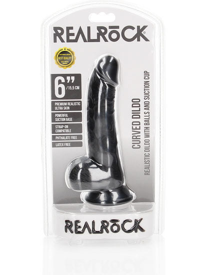 RealRock - Curved Realistic Dildo with Balls and Suction Cup Black 6" / 15,5 cm