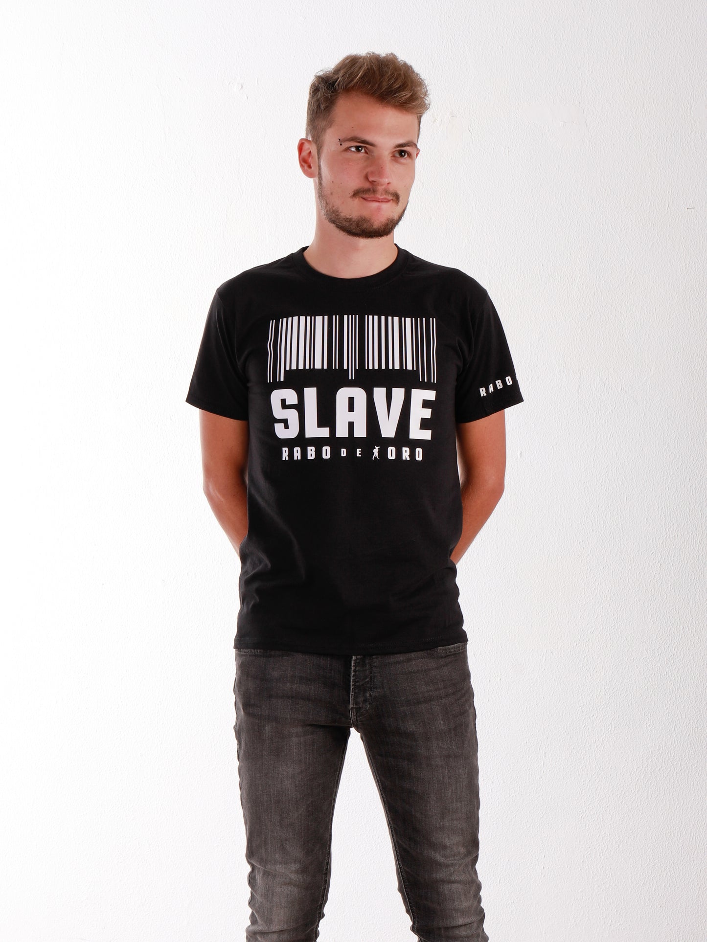 SLAVE Black T-Shirt with Barcode details