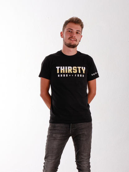 THIRSTY Black T-Shirt with Yellow Watersports detail