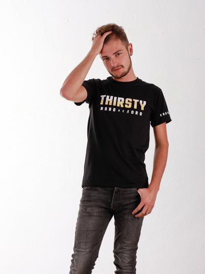THIRSTY Black T-Shirt with Yellow Watersports detail