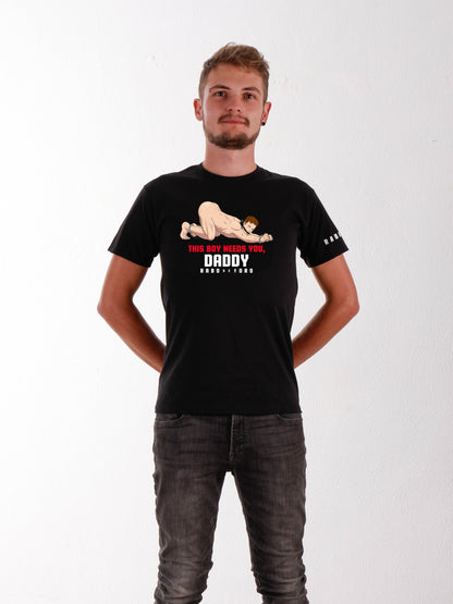 THIS BOY NEEDS YOU, DADDY Black T-Shirt with Slave Boy cartoon detail