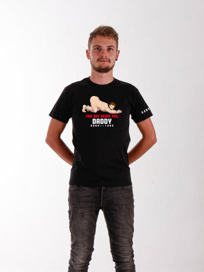 THIS BOY NEEDS YOU, DADDY Black T-Shirt with Slave Boy cartoon detail